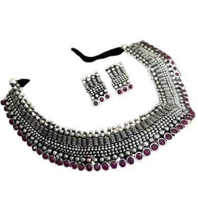 Oxidised Pink Teardrop Choker Set