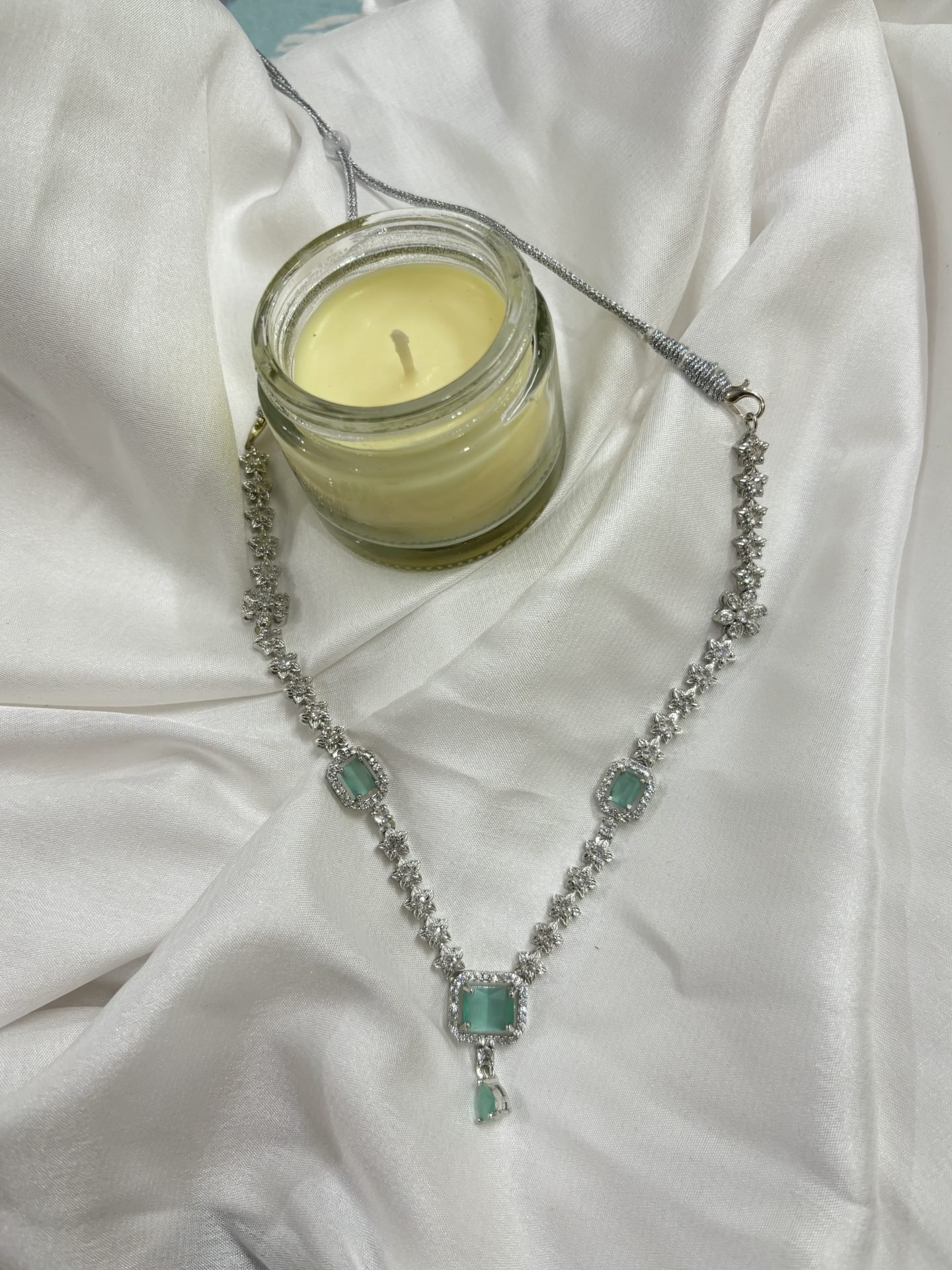Green Cubic Drop Necklace Set, worn