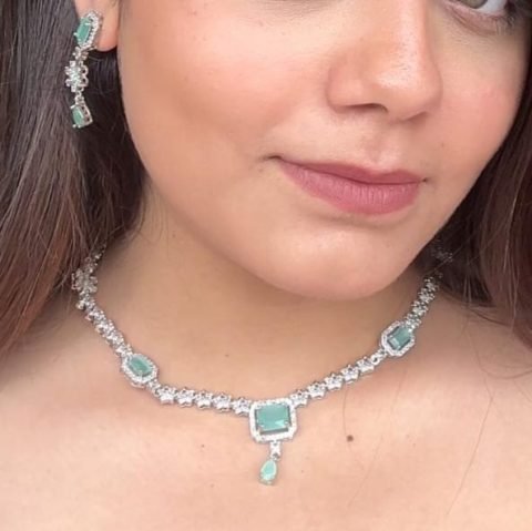 Green Cubic Drop Necklace Set, worn