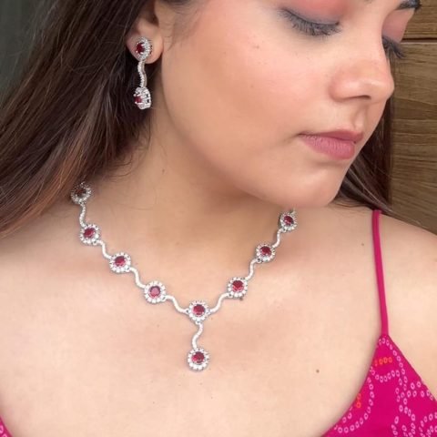 Pink Teardrop Necklace Set, worn