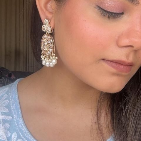 Pearl-White Kundan Teardrop Jhumkas, worn