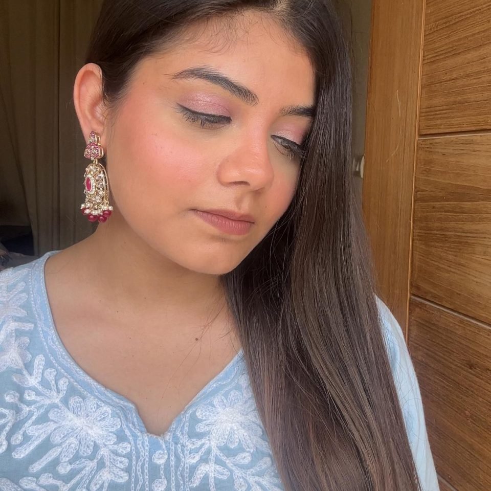 Magenta Kundan Teardrop Jhumkas, worn