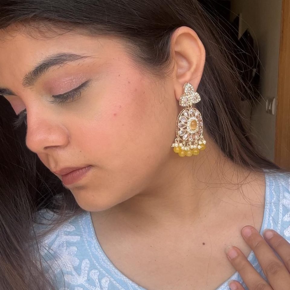 Yellow Kundan Teardrop Jhumkas