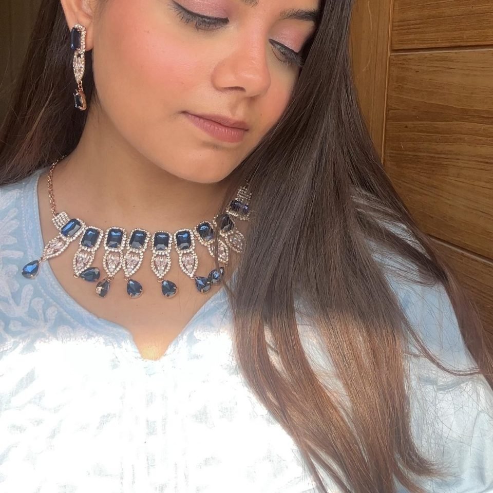 Blue Crystal Statement Necklace Set, worn