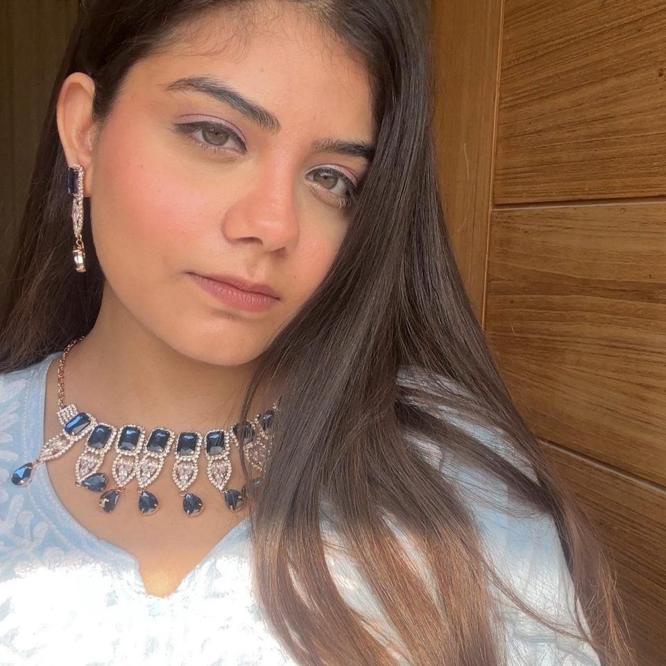 Blue Crystal Statement Necklace Set, worn
