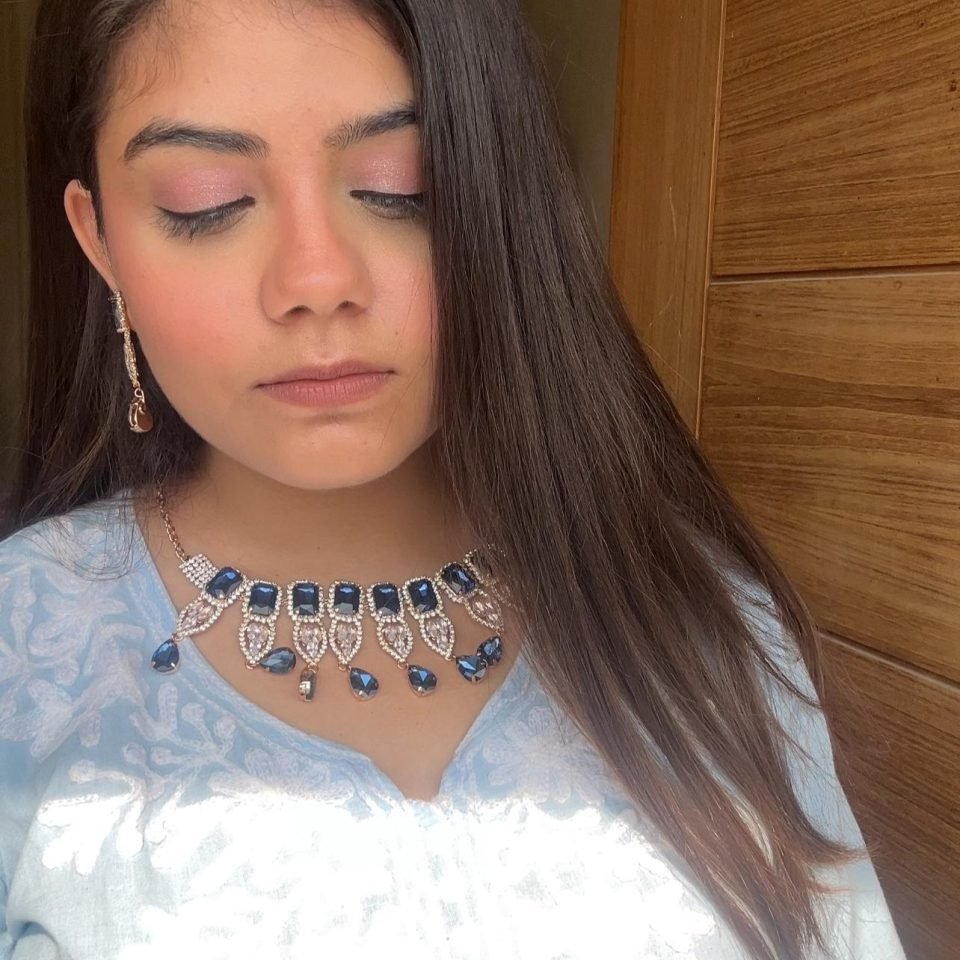 Blue Crystal Statement Necklace Set, worn