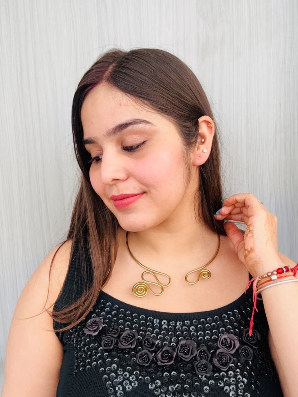 Brass Double-Spiral Collar, worn