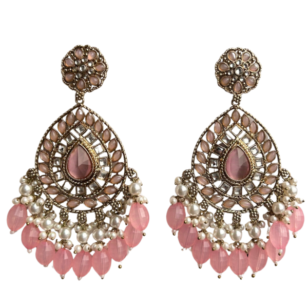 Pink Chandbali Jhumka Earrings with Crescent Shape and Pearl Drop