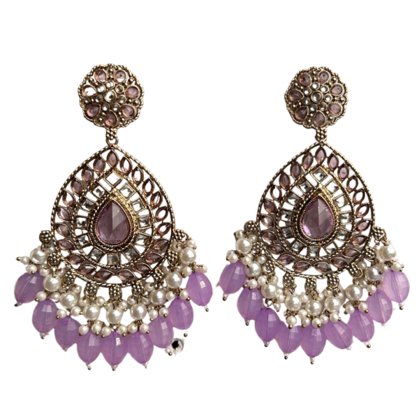 Lavender Chandbali Jhumka Earrings with Crescent Shape and Pearl Drop