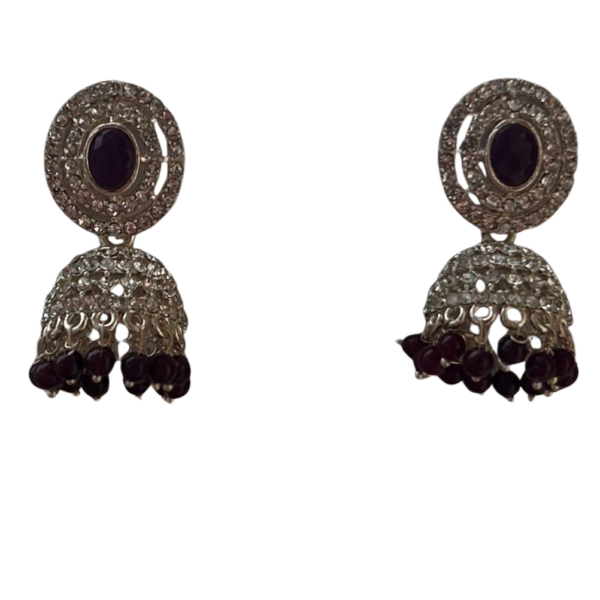 Maroon Stone Round Jhumka Earrings Dome Shaped Pushback Design